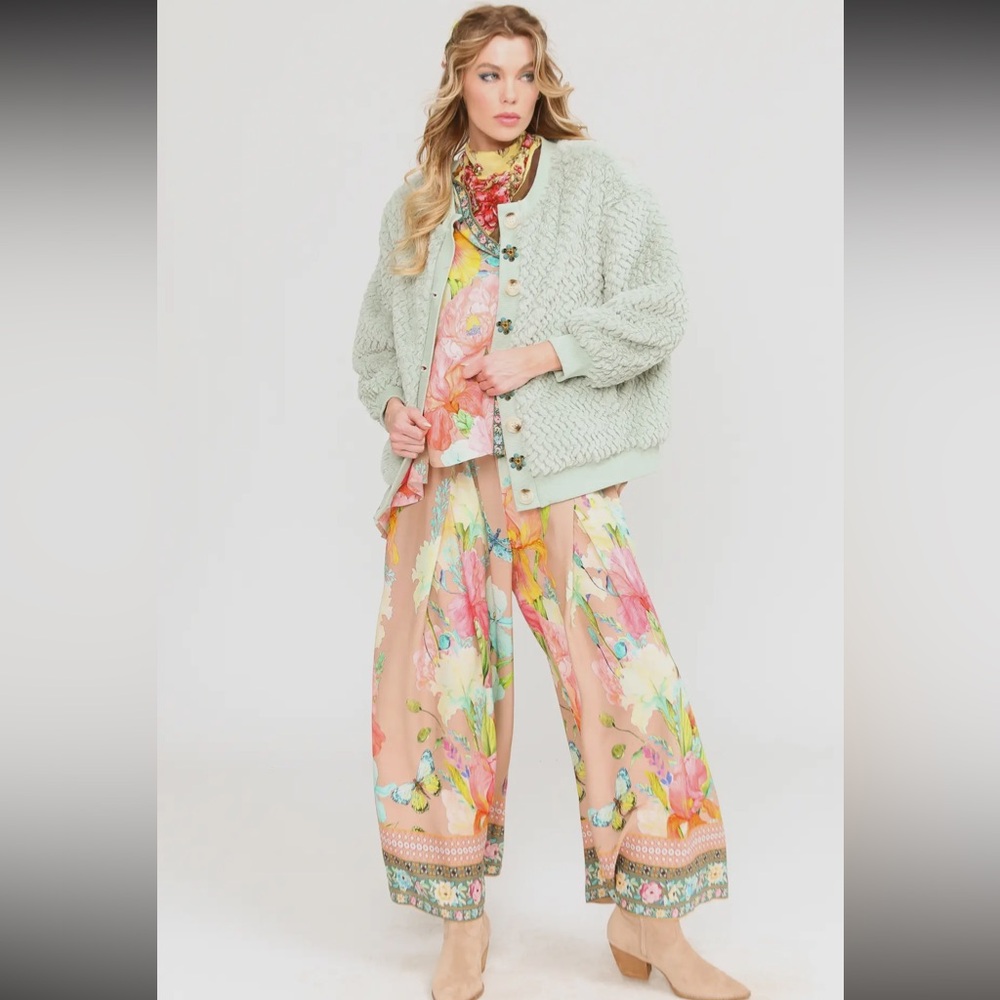 ARATTA Nellie Boho Luxe Mint Fur Jacket Satin Lined Crystal Buttons Boutique - Picture 3 of 16